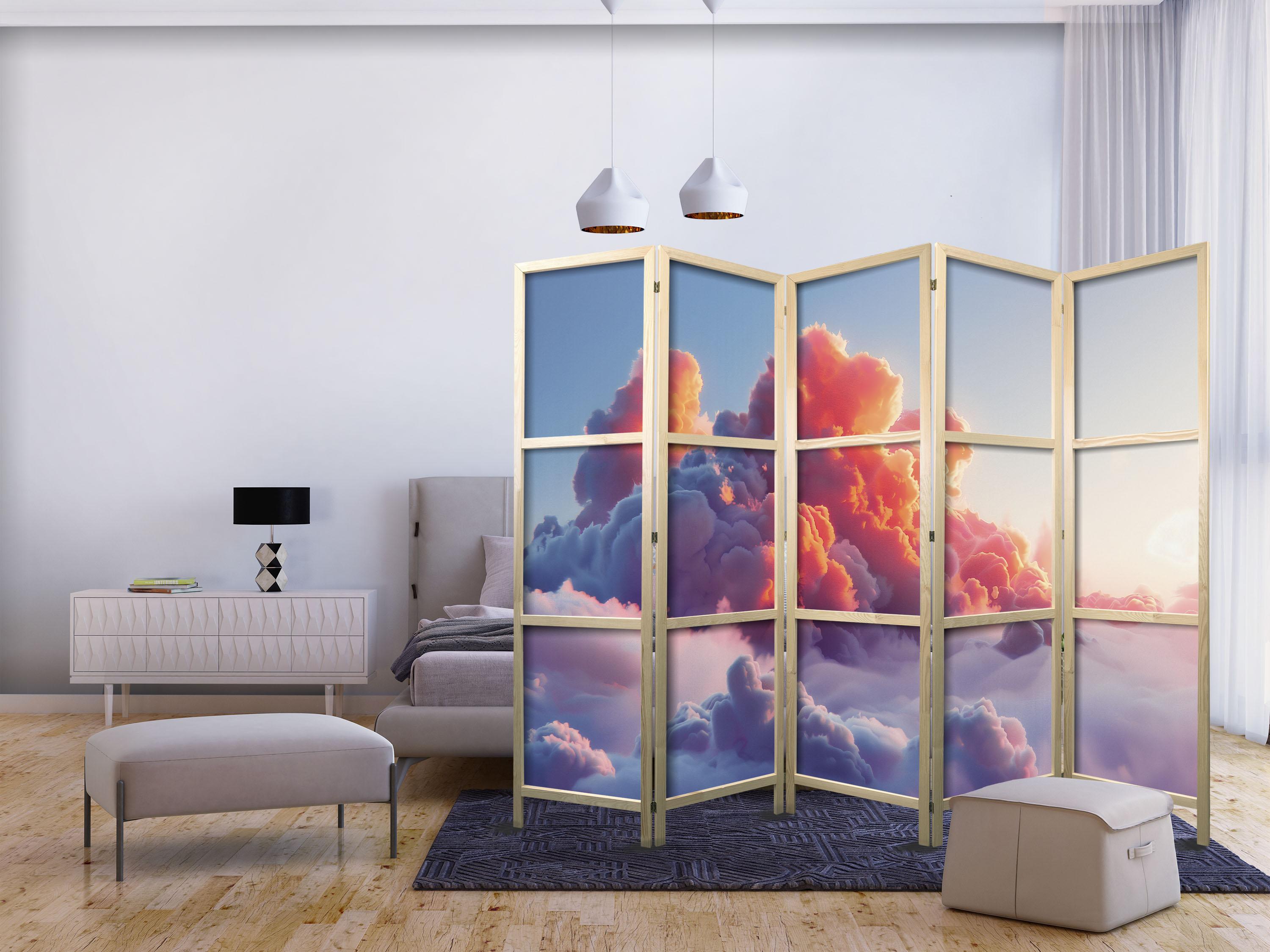 Japansk skærmvæg Twilight Spectacle - 5-panels rumdeler med skyer i rosa og violette nuancer 225 x 172 cm billede