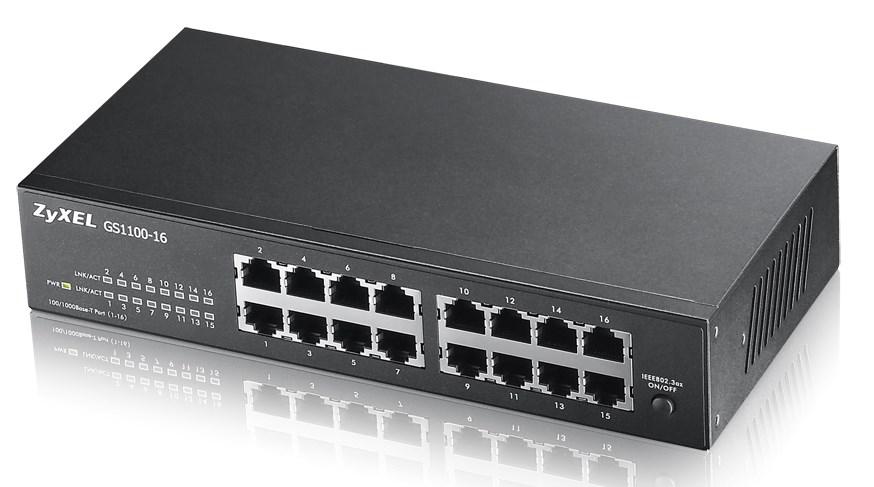 Zyxel GS1100 16-ports Gigabit Ethernet-switch - ikke-administreret, vægmonterbar