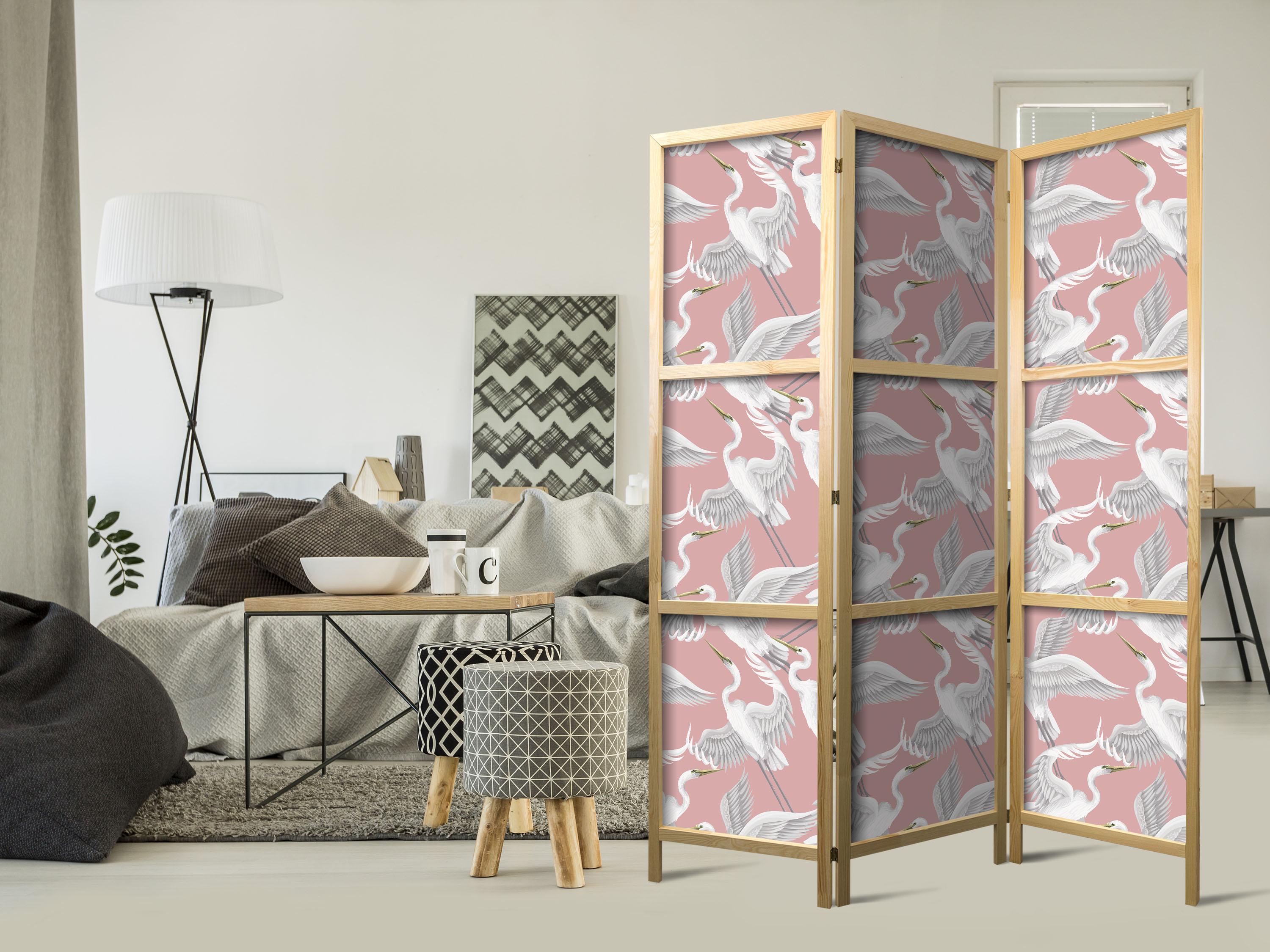 Japansk skærmvæg Pastel Birds 135 x 172 cm - 3-panels rumdeler med hejrer billede