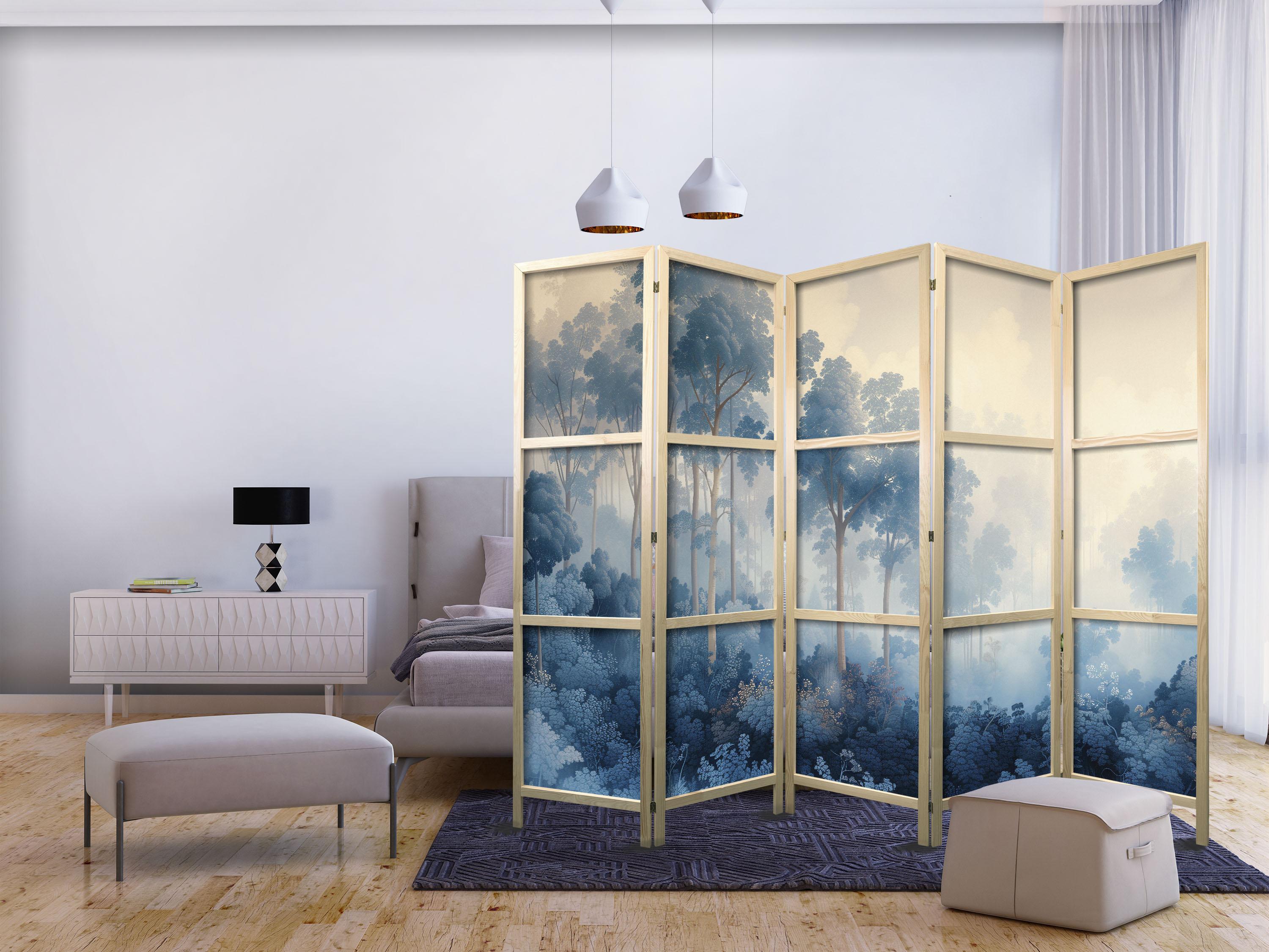 Japansk skærmvæg 5 paneler med blåt skovmotiv 225 × 172 cm billede