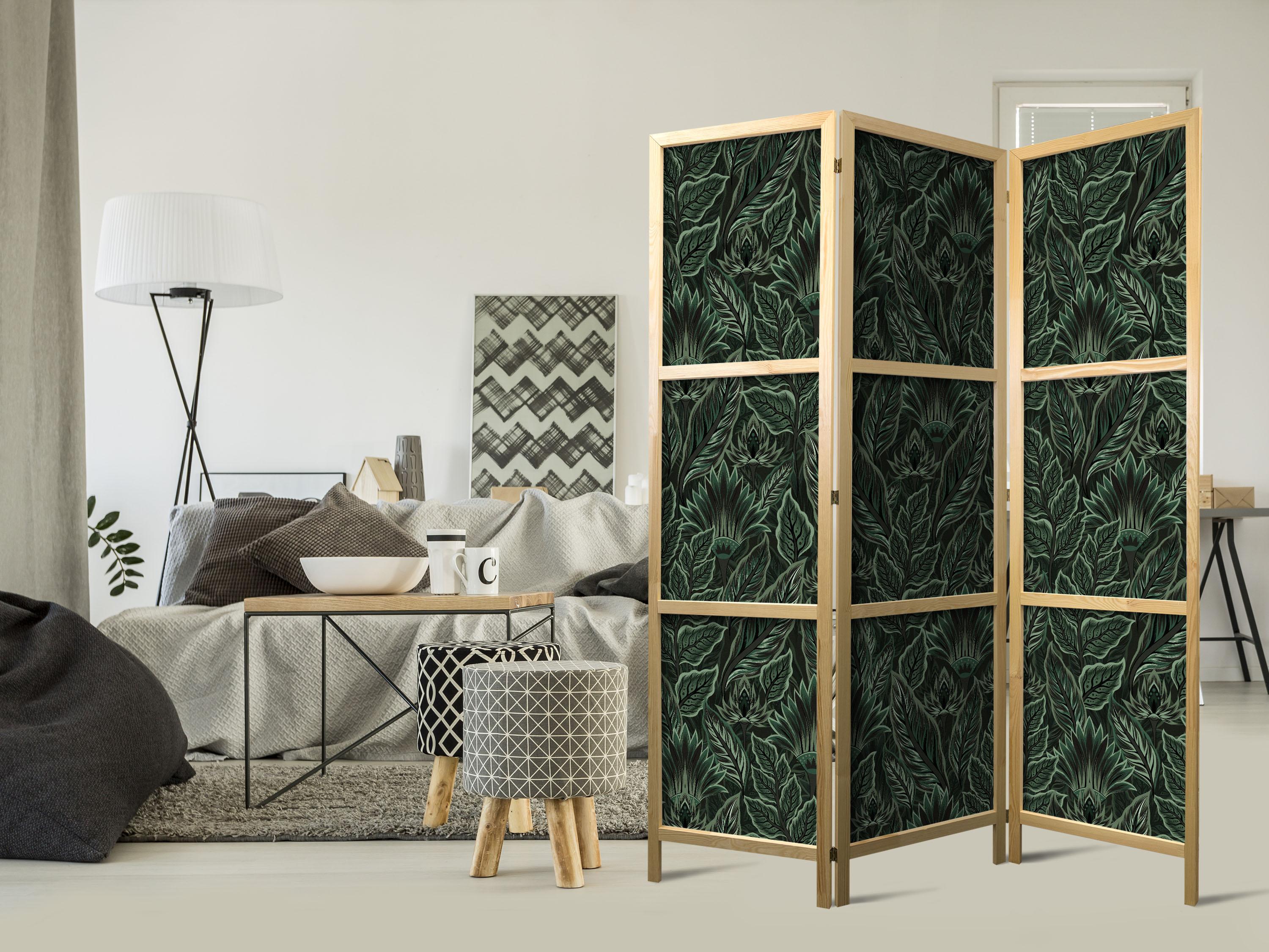 Japansk skærmvæg med botanisk bladmønster grøn 135 x 172 cm billede