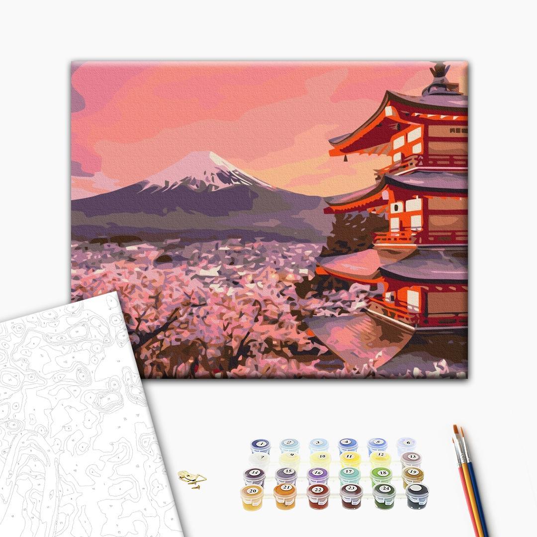 Mal efter tal billede med tempel ved Fuji-bjerget 50 x 40 cm billede