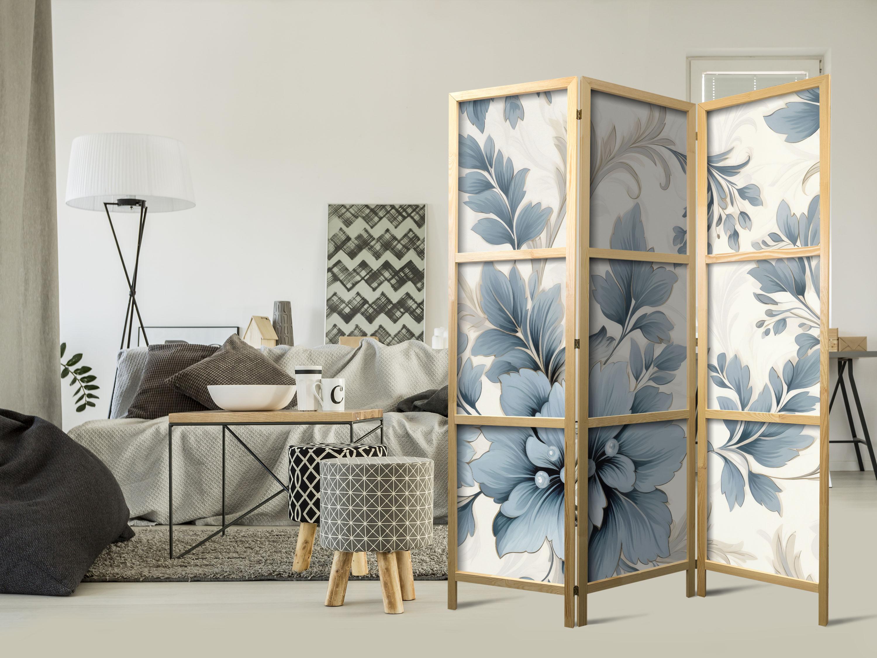Japansk skærmvæg rumdeler 135 x 172 cm - Turkise blomster i retrostil billede