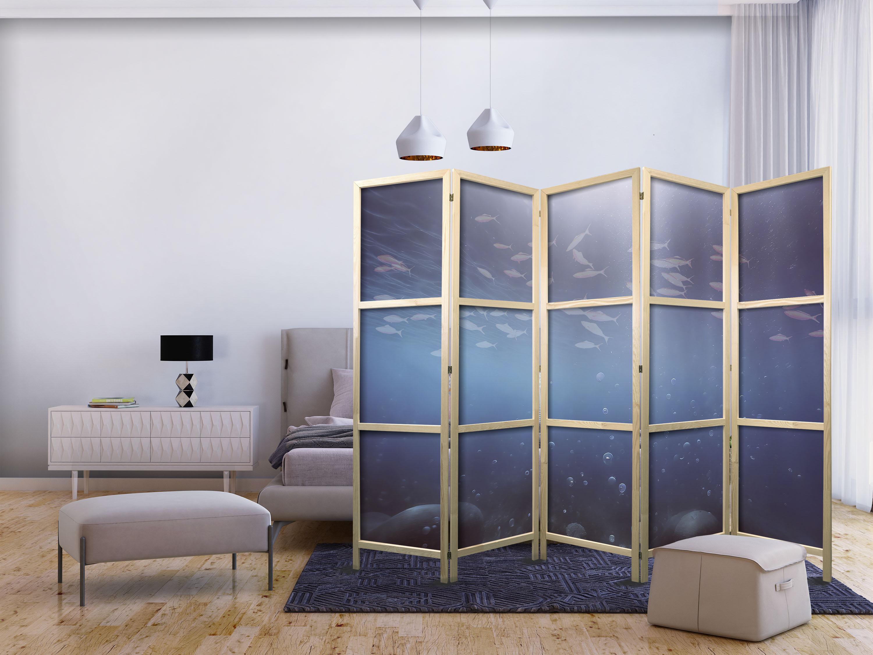 Japansk skærmvæg med små fisk - 5-panel rumdeler 225 x 172 cm billede