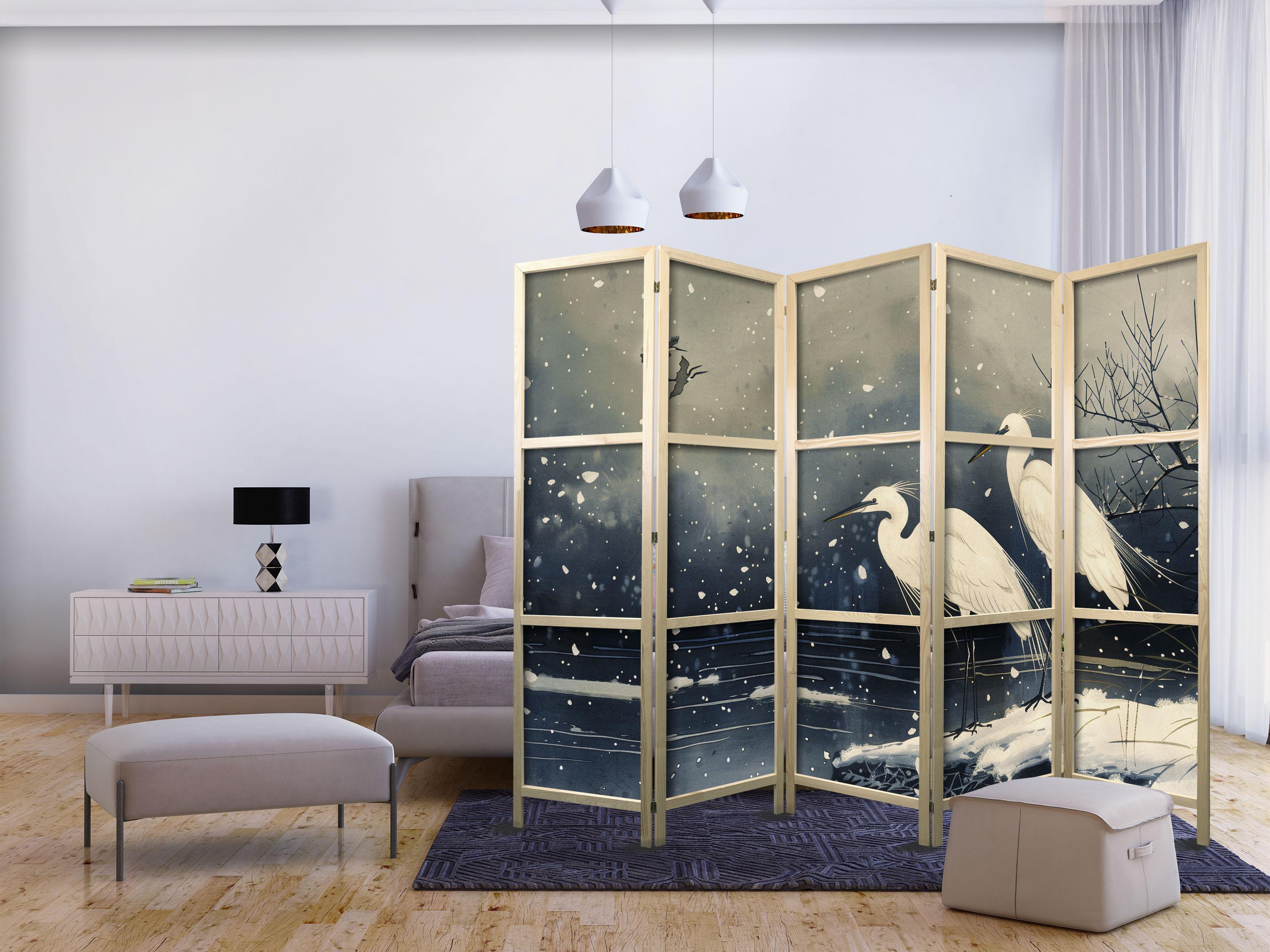 Japansk skærmvæg med hejrer over vinterdam 225 x 172 cm billede