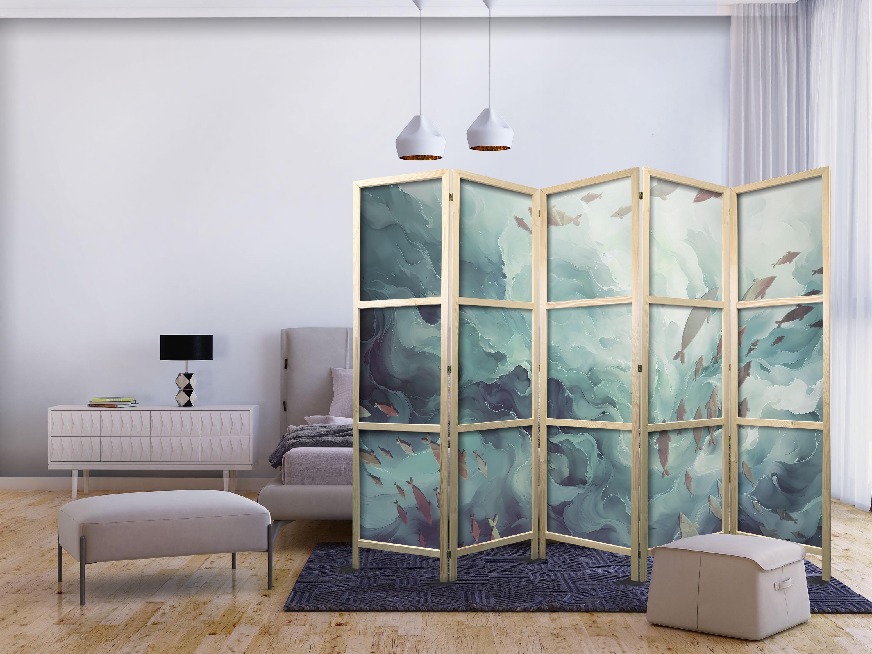 Japansk skærmvæg med fisk - 5-panels rumdeler 225 x 172 cm billede