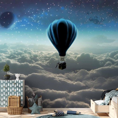 Fototapet Natlig Ekspedition - luftballon over skyer