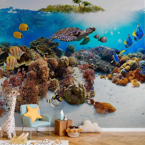 Fototapet Cay med havskildpadde og koralrev