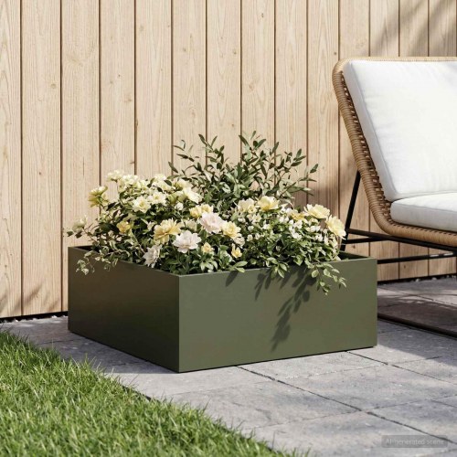 Blomsterkrukke til have olivengrøn 40 x 40 x 20 cm i koldvalset stål
