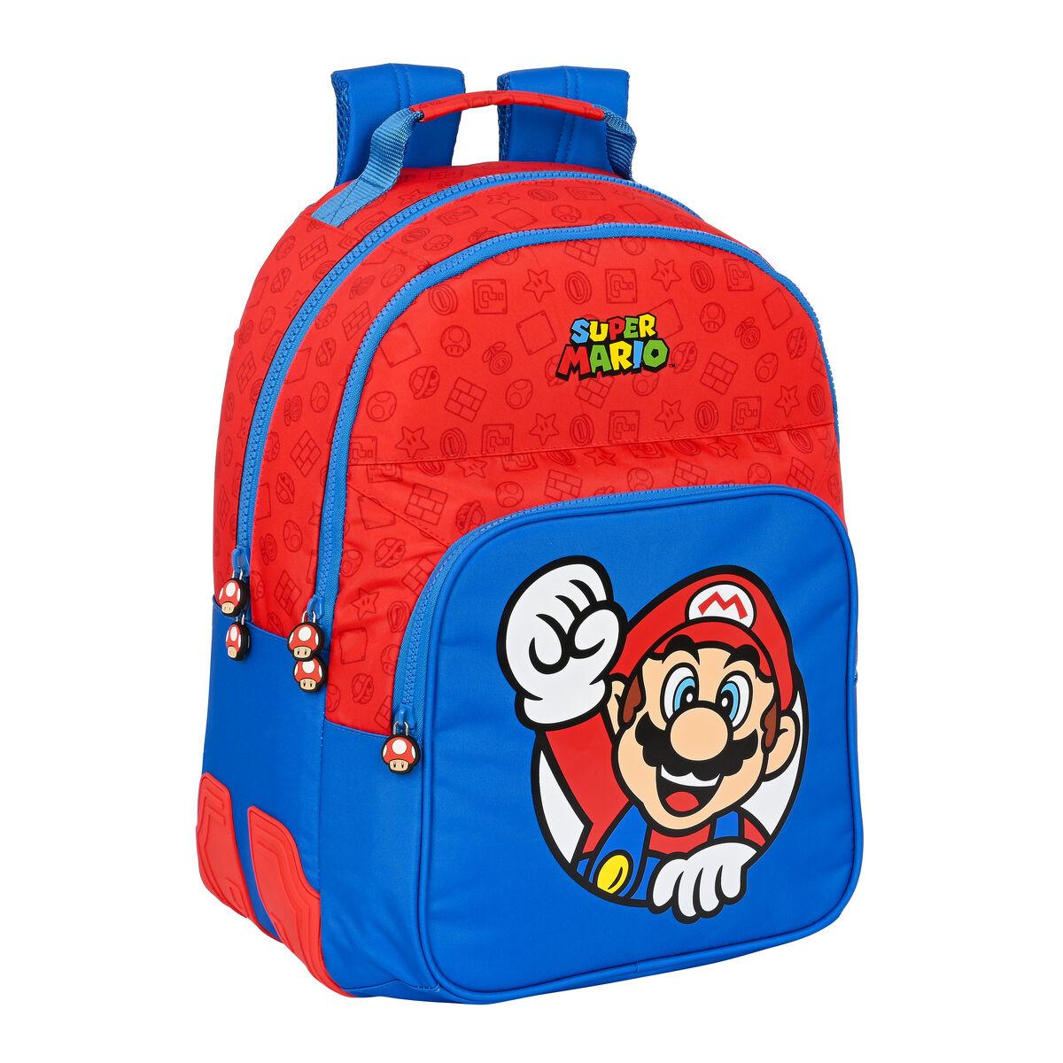 Super Mario skoletaske blå/rød 32 x 42 x 15 cm billede