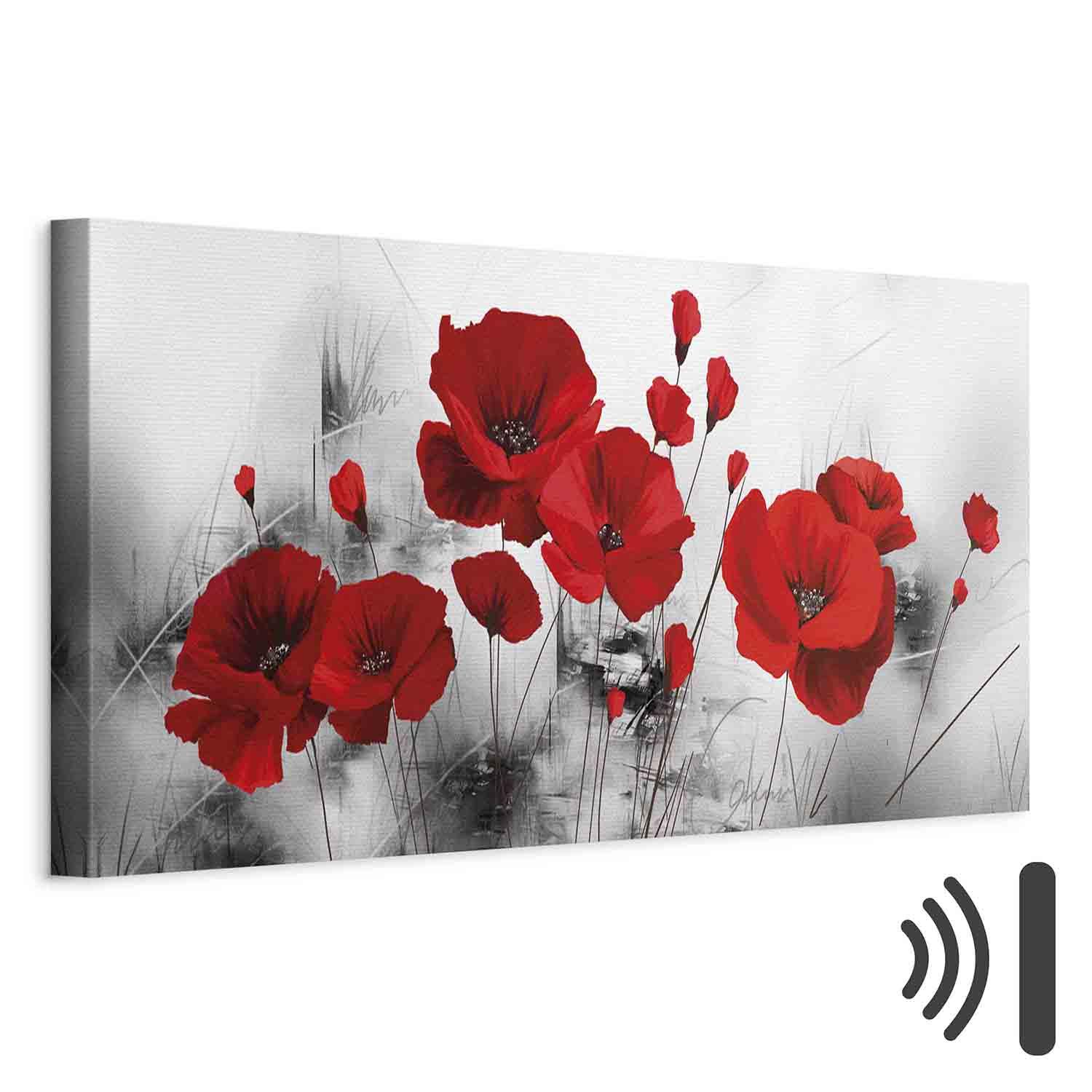 Lærredsbillede Grå Have med røde valmuer - 120 x 40 cm - Akustisk billede