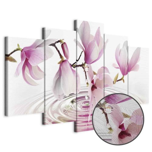 Lærredsbillede Magnolier over vand i 5 dele bred rosa