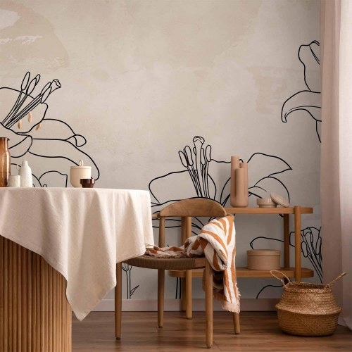 Fototapet Skitse af natur - minimalistisk lineart med liljeblomster på beige baggrund