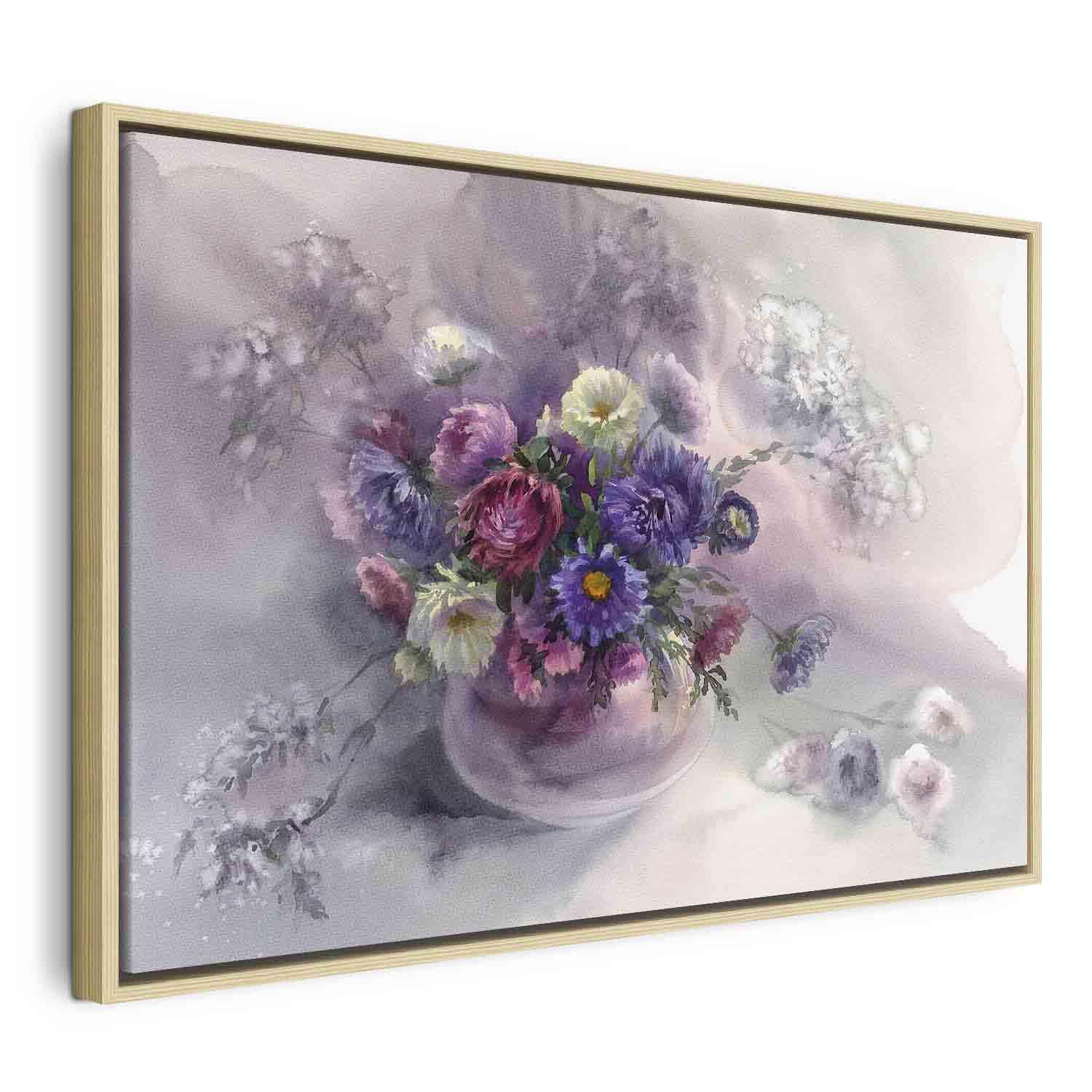 Lærredsbillede Drømmerens buket med blomster - 60 x 40 cm - I en naturlig træramme billede