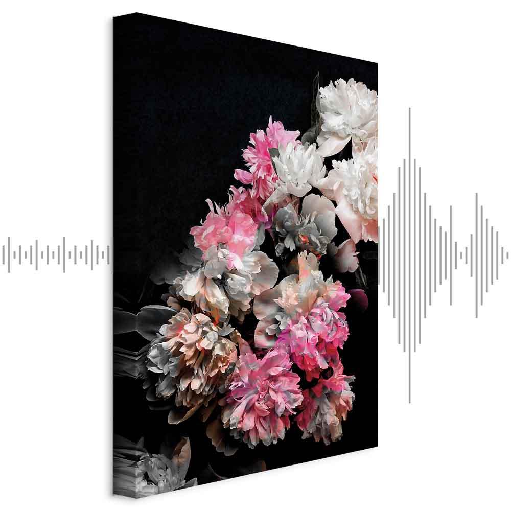 Lærredsbillede Pæoncharme - farverig blomsterbuket på sort baggrund - 60 x 90 cm - Akustisk billede