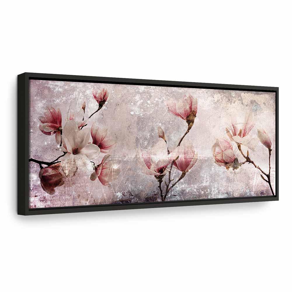 Lærredsbillede Magnolia Charm smalt blomsterbillede - 90 x 30 cm - I en sort træramme billede