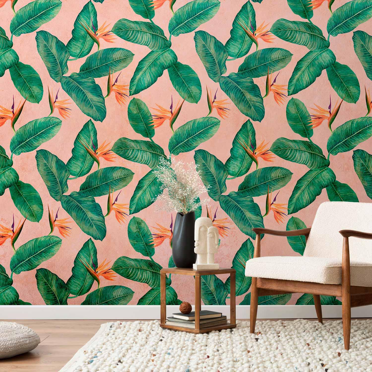 Fototapet med tropiske blade og paradisblomster - Første variant - 350 x 256 cm - Standard billede
