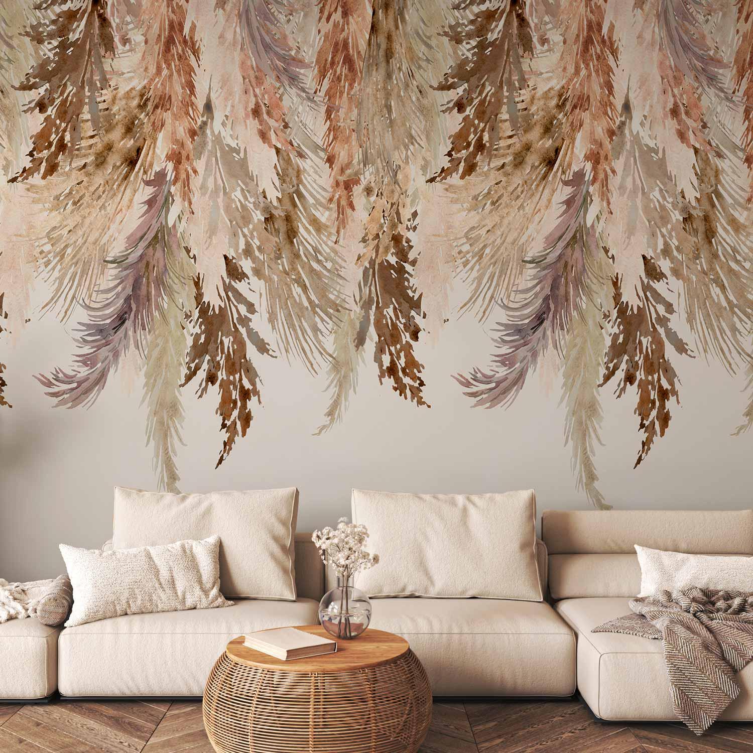 Fototapet med hængende blade i beige - minimalistisk boho - 300 x 210 cm - Premium billede