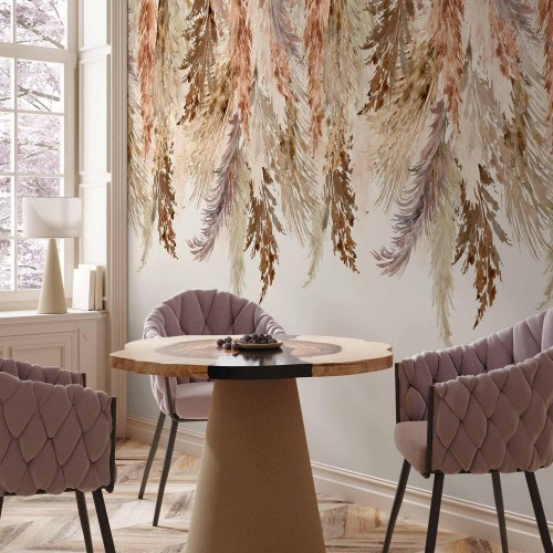 Fototapet - minimalistisk boho landskab med hængende blade i beige