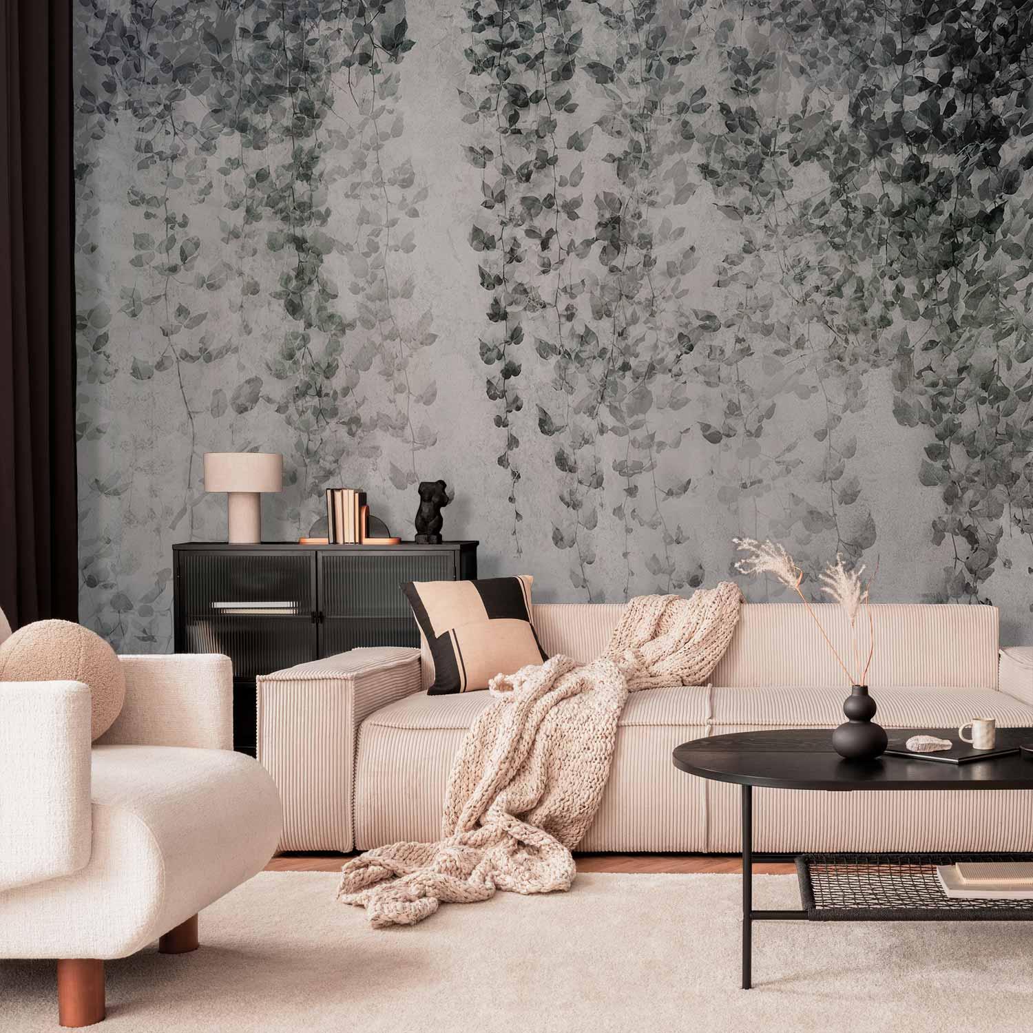 Fototapet Peaceful Oasis med hængende bladranker på grå baggrund - 200 x 140 cm - Premium billede