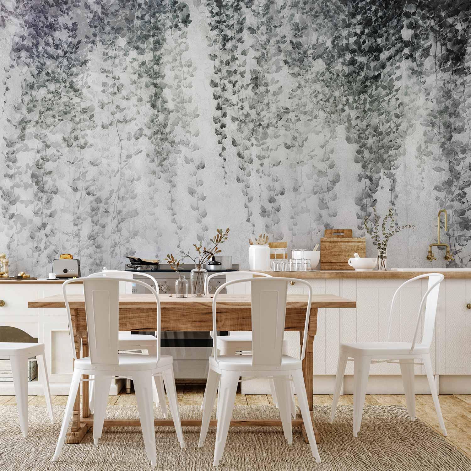 Fototapet Peaceful Oasis med hængende bladranker på grå baggrund - 400 x 280 cm - Vandtæt billede