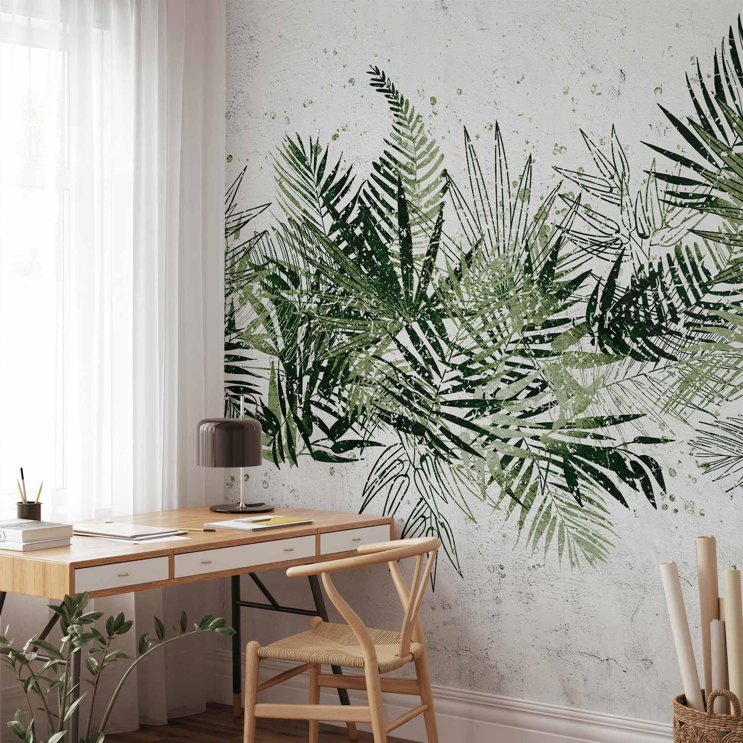 Fototapet Jungle med grønne tropiske blade på hvid baggrund - 400 x 280 cm - Premium billede