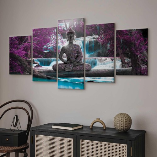 Lærredsbillede Vandfald og Buddha - 100 x 50 cm, Standard