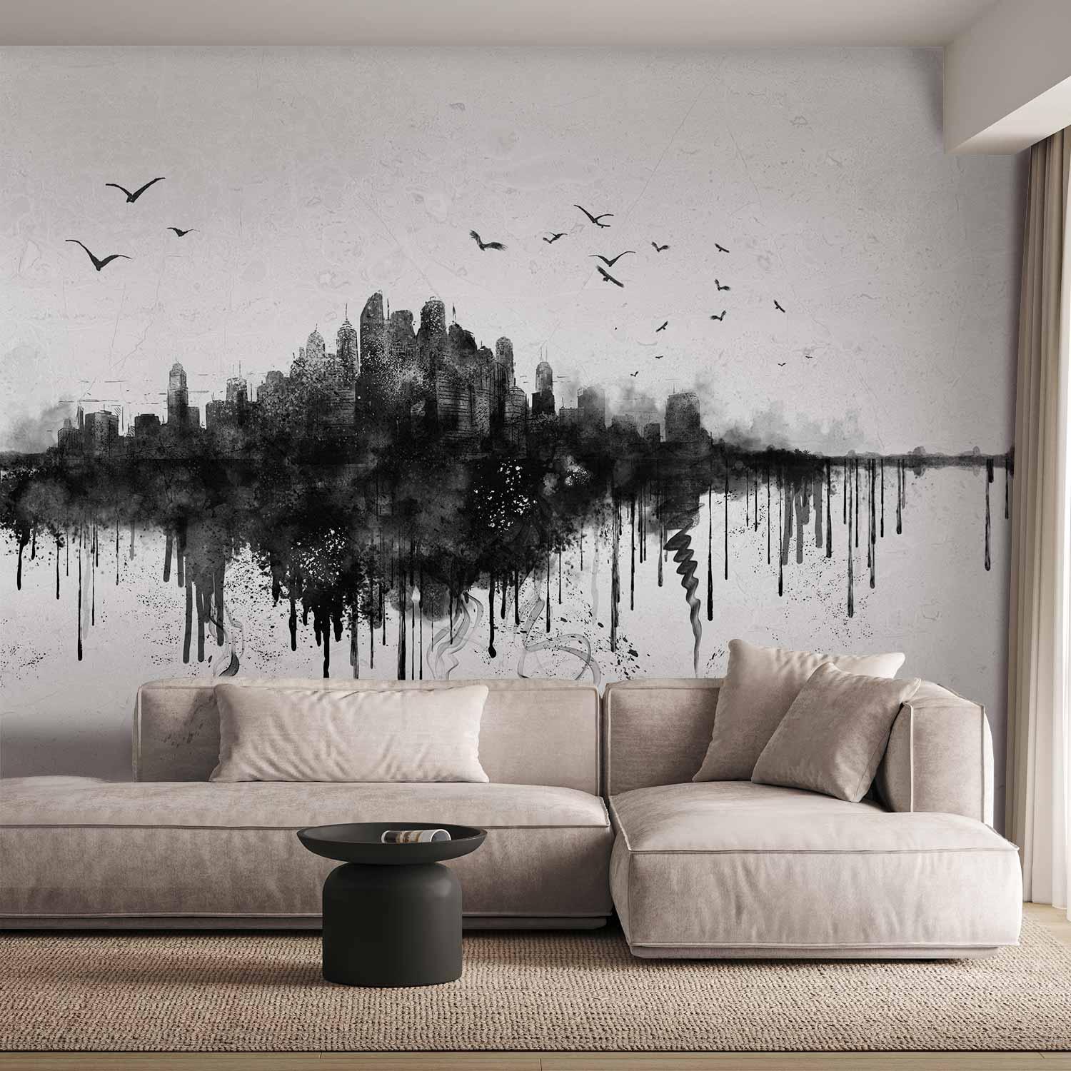 Fototapet Big City - abstrakt bysilhuet i sort akvarelstil - 400 x 280 cm - Premium billede