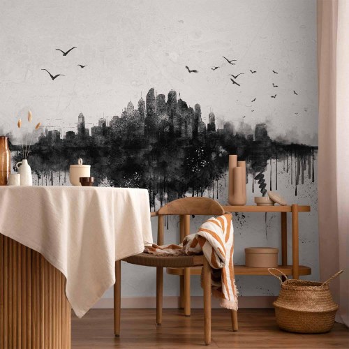 Fototapet Big City - abstrakt bysilhuet i sort akvarelstil