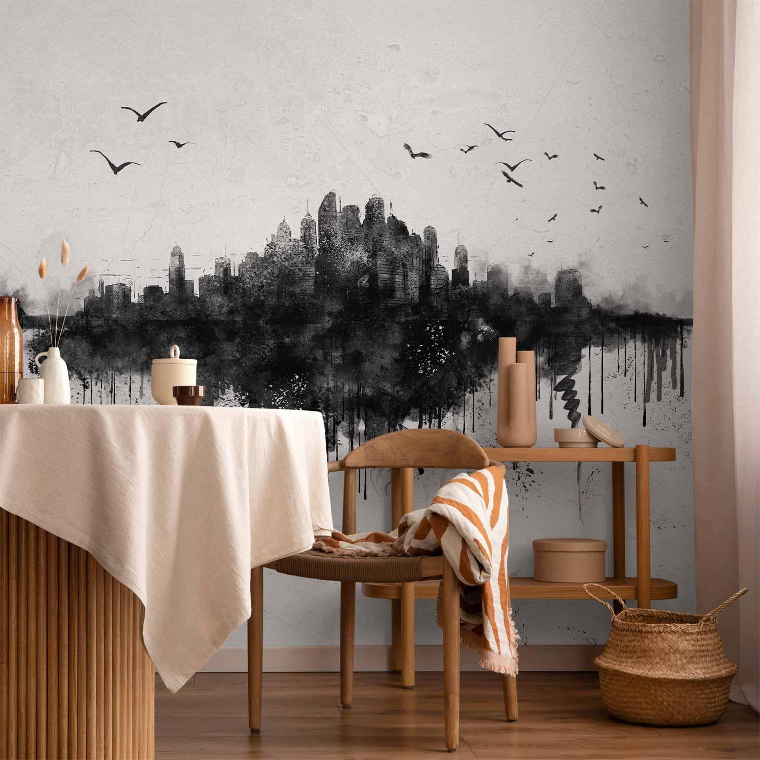 Fototapet Big City - abstrakt bysilhuet i sort akvarelstil - 400 x 280 cm - Vandtæt billede