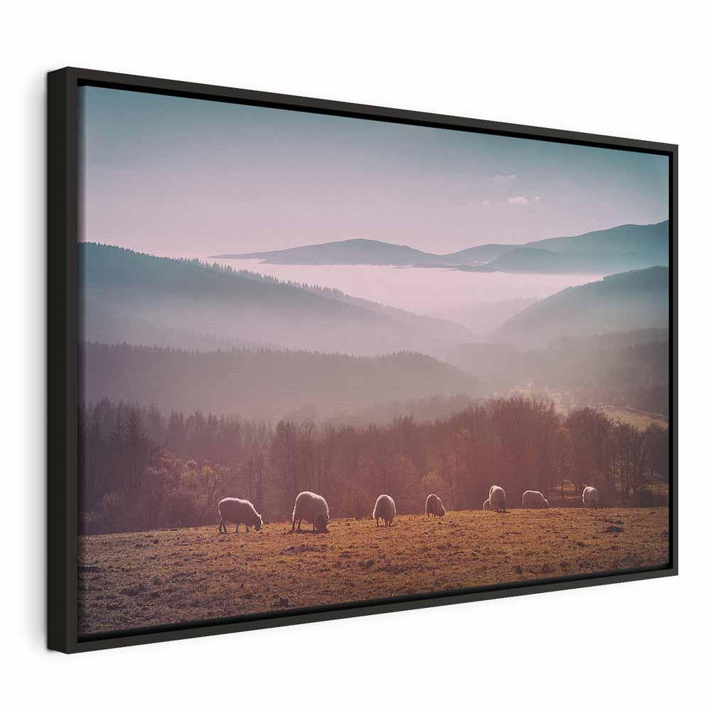 Lærredsbillede med får i bjerglandskab - natur vægbillede - 60 x 40 cm - I en sort træramme billede