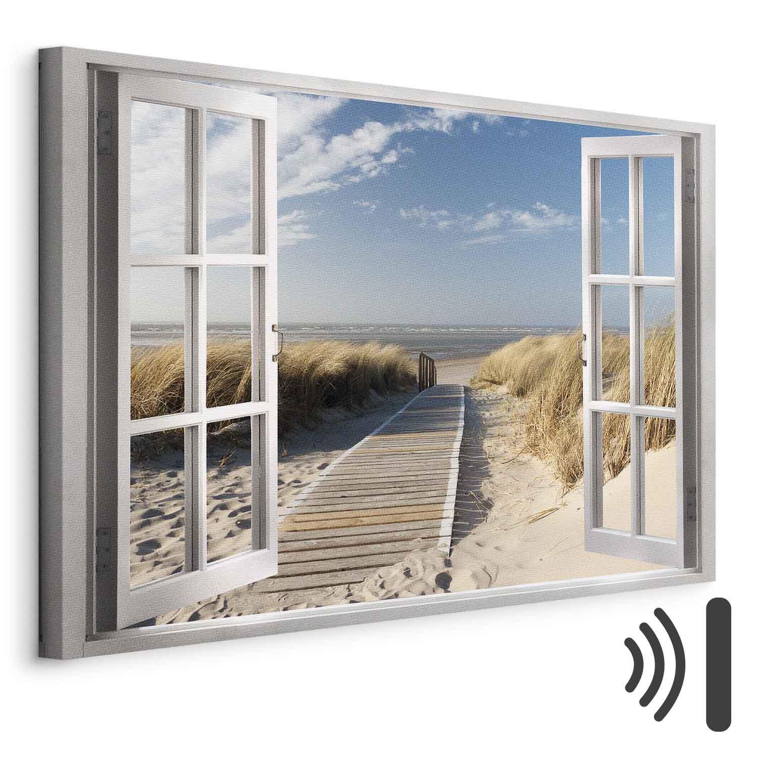 Lærredsbillede Vindue med udsigt til stranden - 30 x 20 cm - Akustisk billede