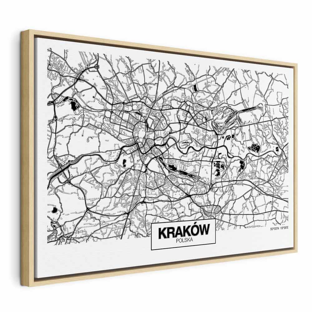 Lærredsbillede Krakow bykort widescreen - 90 x 60 cm - I en naturlig træramme billede