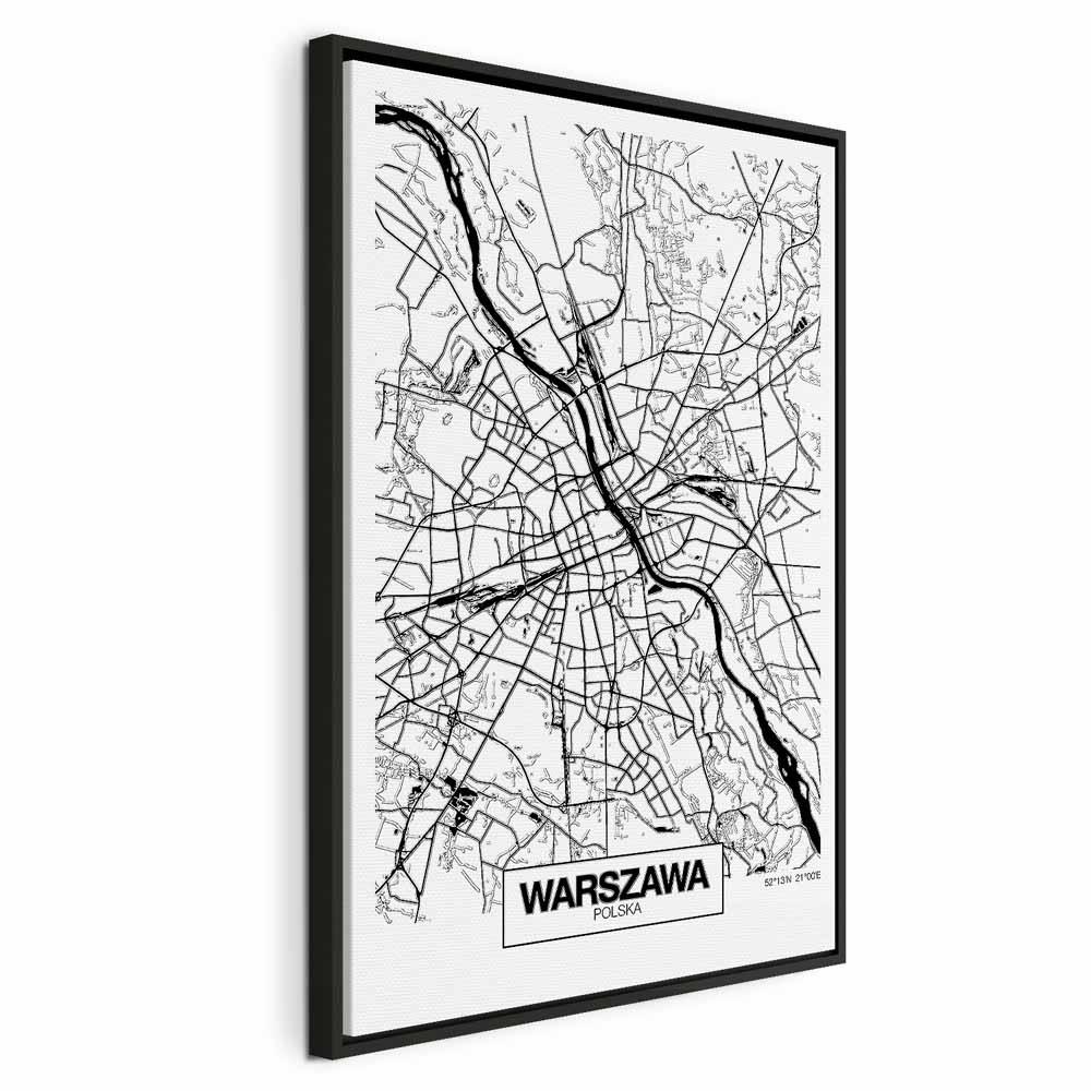 Lærredsbillede bykort Warszawa vertikal - 40 x 60 cm - I en sort træramme billede