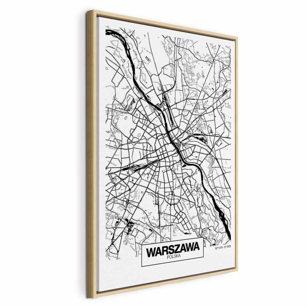 Lærredsbillede bykort Warszawa vertikal - 60 x 90 cm - I en naturlig træramme billede