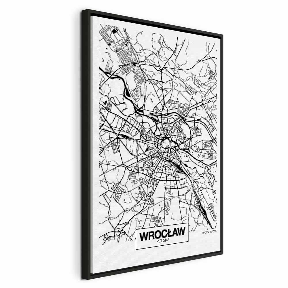Billede på lærred - Bykort over Wroclaw lodret - 60 x 90 cm - I en sort træramme billede