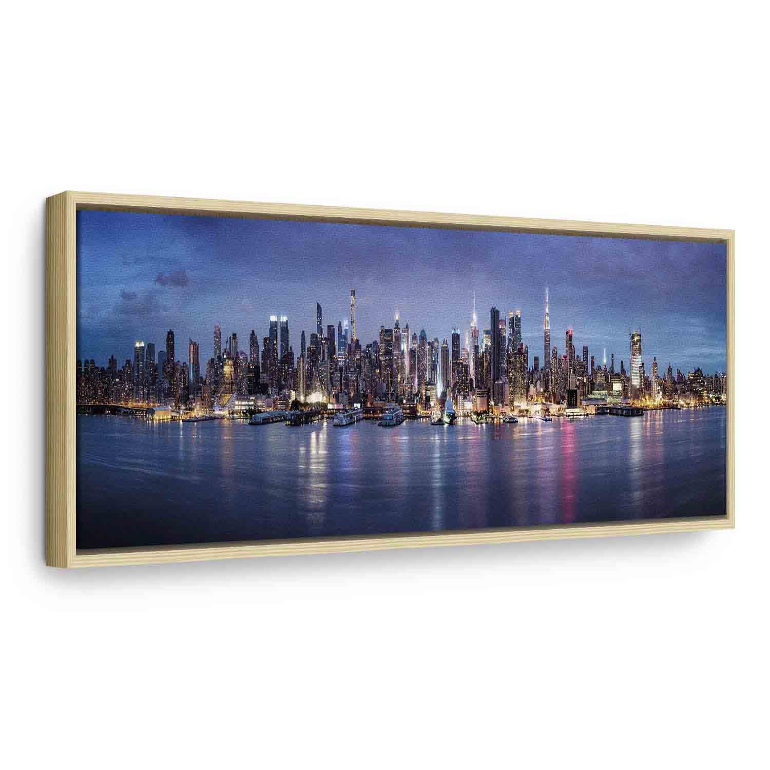 Lærredsbillede New York om natten - panorama i flere størrelser - 120 x 40 cm - I en naturlig træramme billede