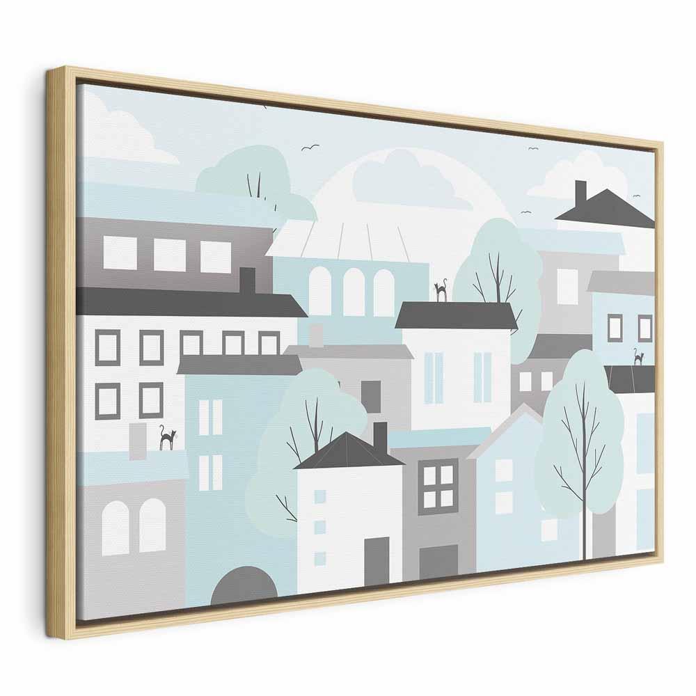 Billede på lærred Farverig by 1 del bred - 90 x 60 cm - I en naturlig træramme billede