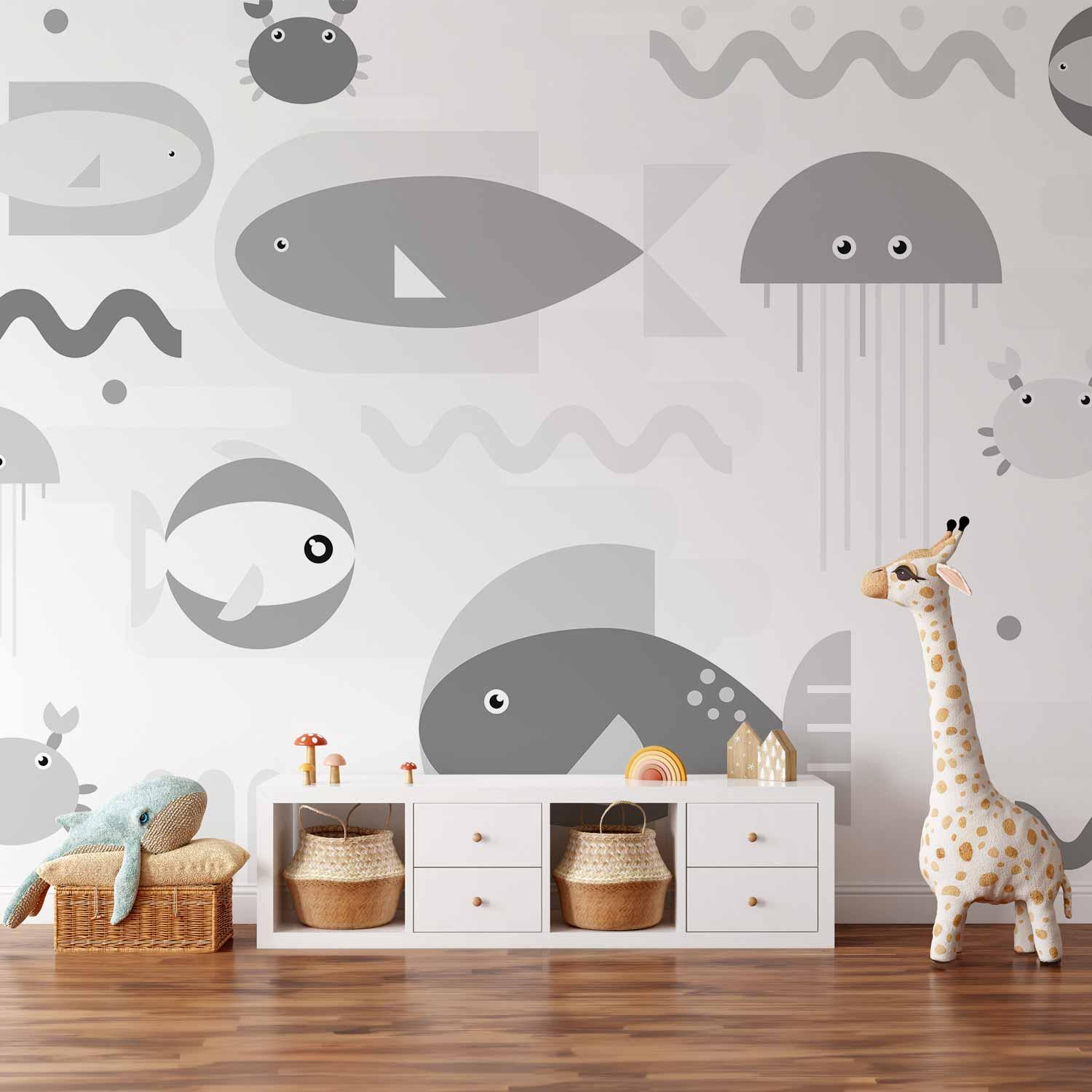 Fototapet med minimalistisk gråt havmotiv og geometriske fisk til børn - 400 x 280 cm - Vandtæt billede