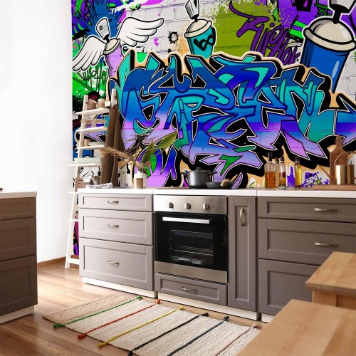 Fototapet med graffiti i violet tema