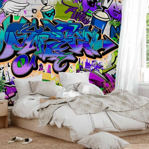 Fototapet med graffiti i violet tema
