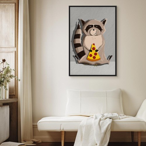 Lærredsbillede til børneværelse - Vaskebjørn med pizza, lodret