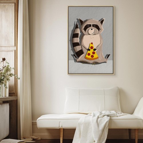Lærredsbillede til børneværelse - Vaskebjørn med pizza, lodret