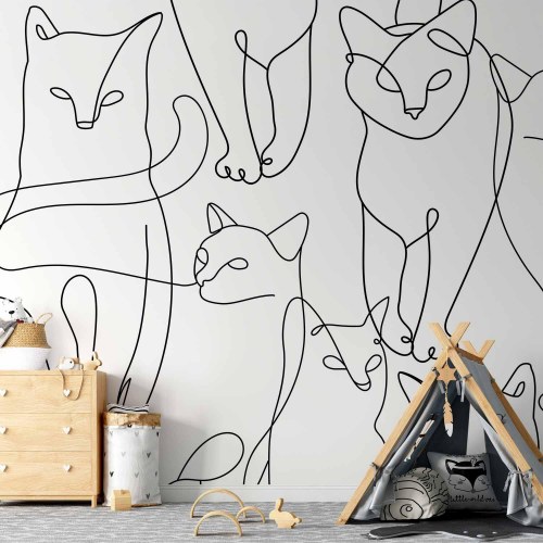 Fototapet med katte lineart i sort på hvid baggrund