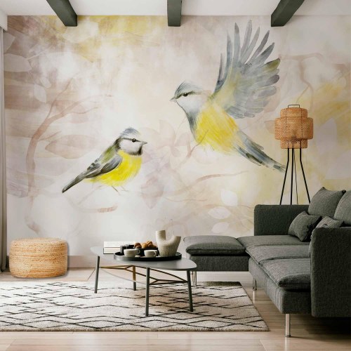 Fototapet med fuglemotiv i gul og beige akvarel