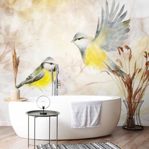 Fototapet med fuglemotiv i gul og beige akvarel