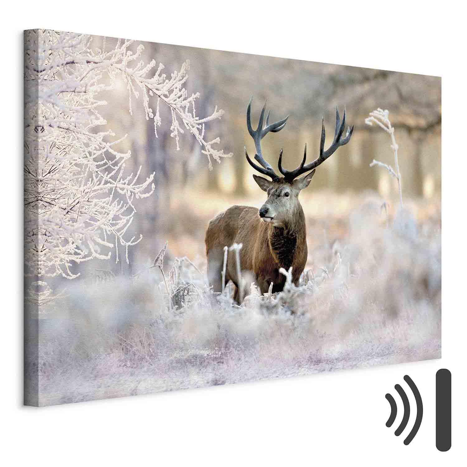 Billede på lærred - Hjort i kulden - 30 x 20 cm - Akustisk billede