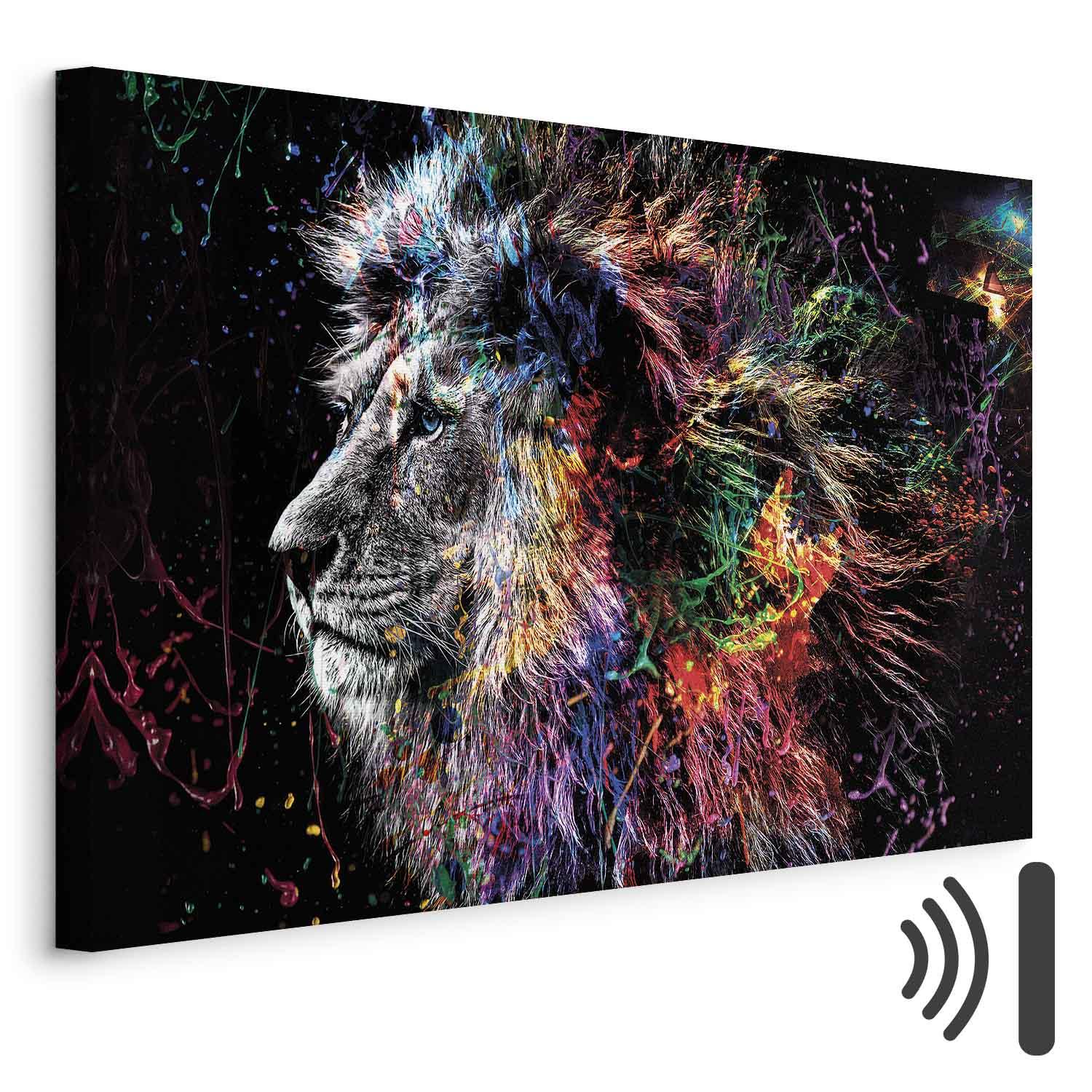 Lærredsbillede Crazy Lion Wide - løve vægbillede i 1 del - 120 x 80 cm - Akustisk billede