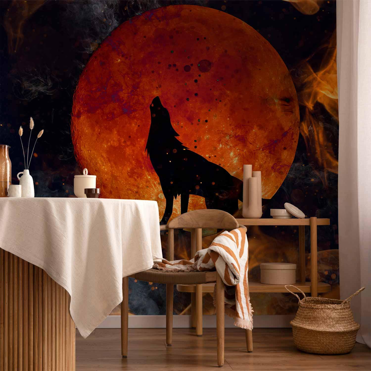 Fototapet med ulv foran rød måne i ild - 400 x 280 cm - Vandtæt billede
