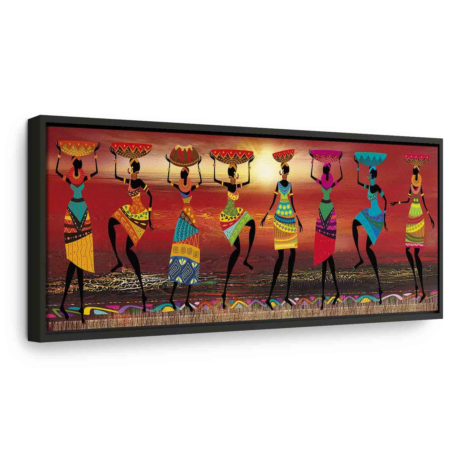 Lærredsbillede Afrikanske Kvinder Danser - 150 x 50 cm - I en sort træramme billede